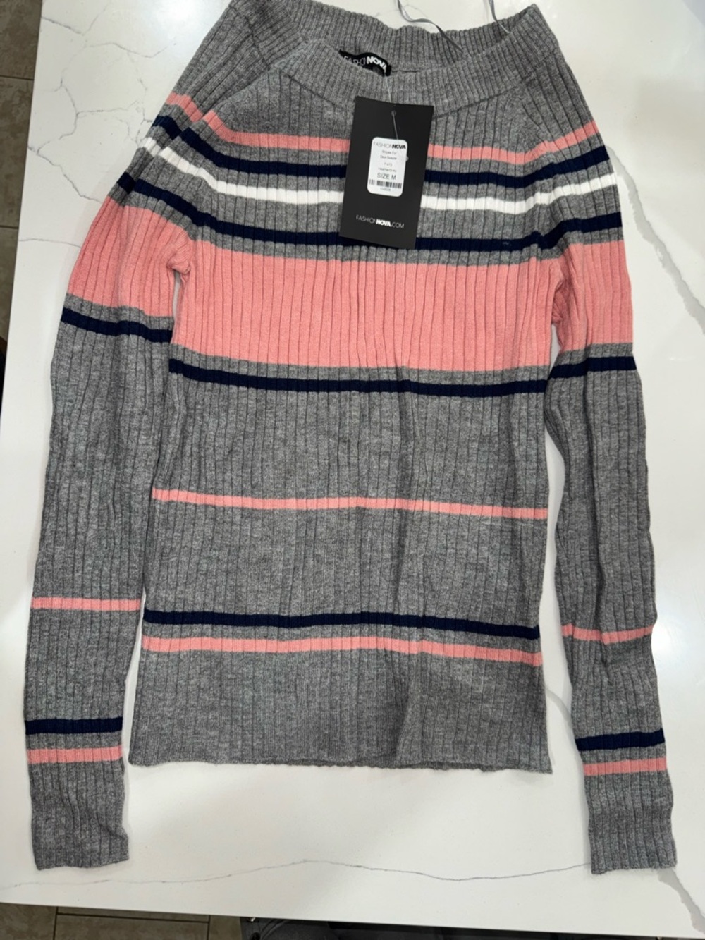 Fashion Nova Gray, Pink & Navy Ribbed Crew Sweater